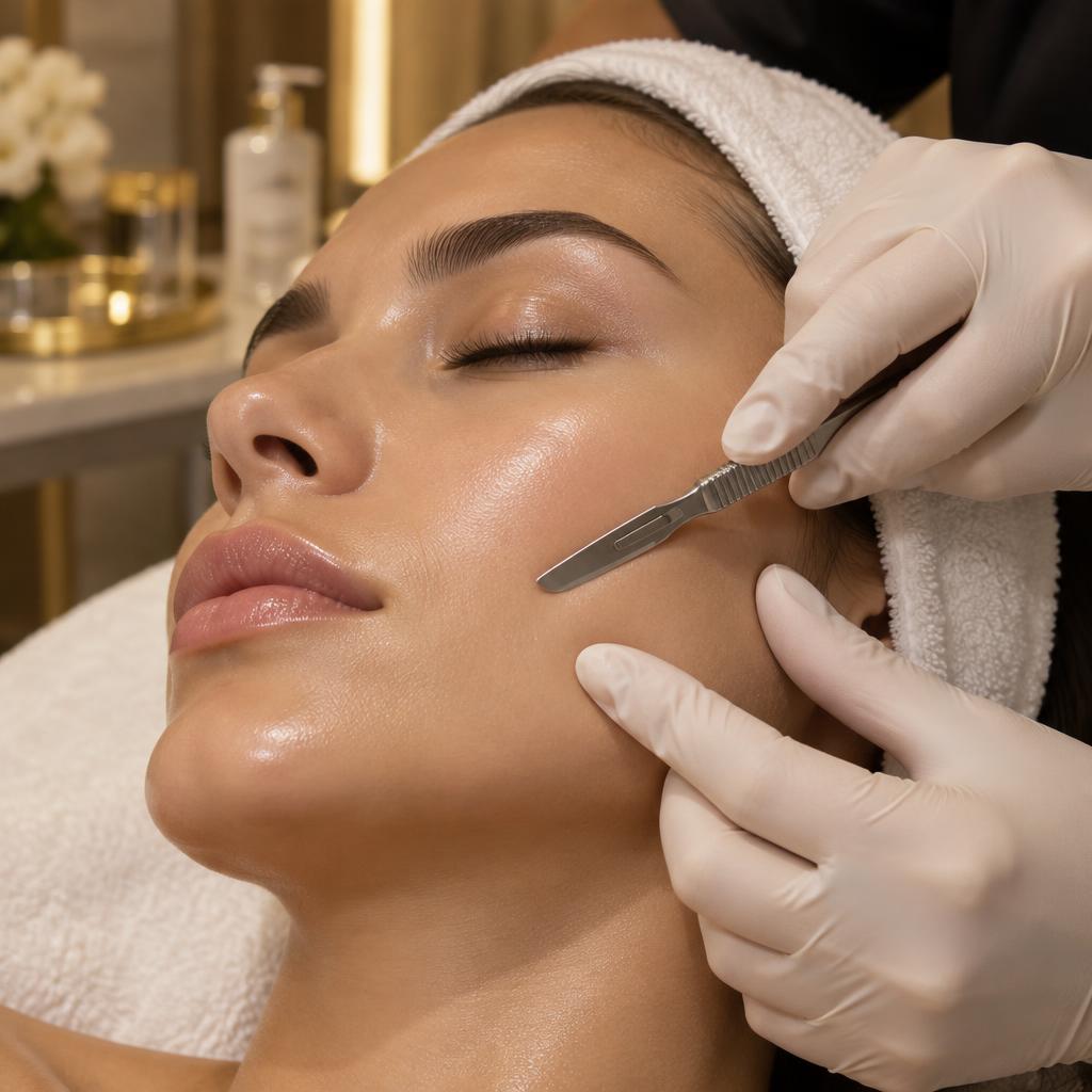Rosto com pele de porcelana macia e luminosa após dermaplaning